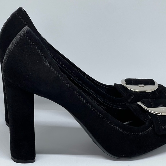 PRADA BLACK SUEDE LEATHER SILVER BUCKLE CHUNKY HEELS EU 41 AU 10 DESIGNER CHIC - Picture 6 of 16